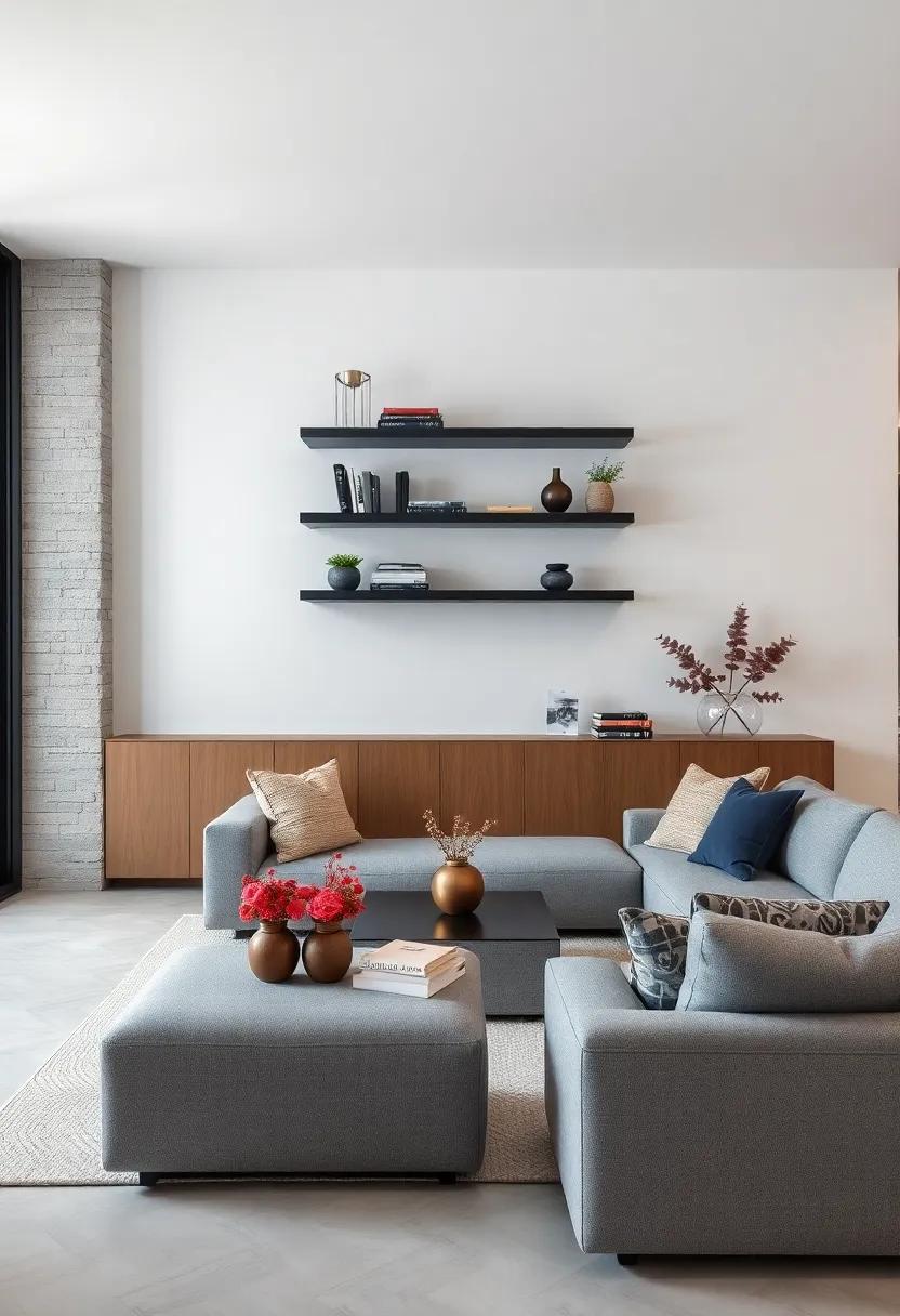 Monochrome​ Magic:⁣ Black floating shelves⁢ complement a grey sectional, creating a sleek monochromatic palette that exudes modern elegance in your⁤ living ​area
