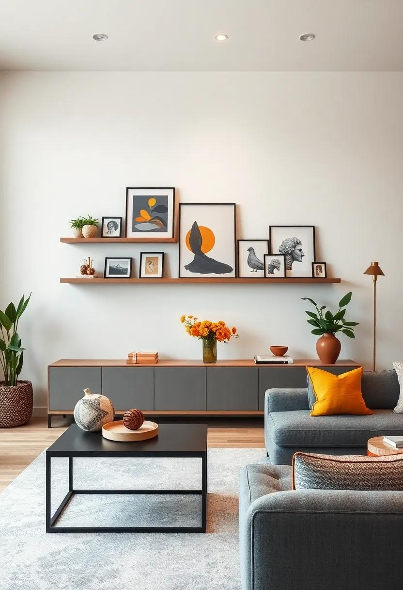 Artful Arrangement: Display curated art pieces on floating shelves alongside a beautifully designed console table, turning your living room into a gallery of creativity