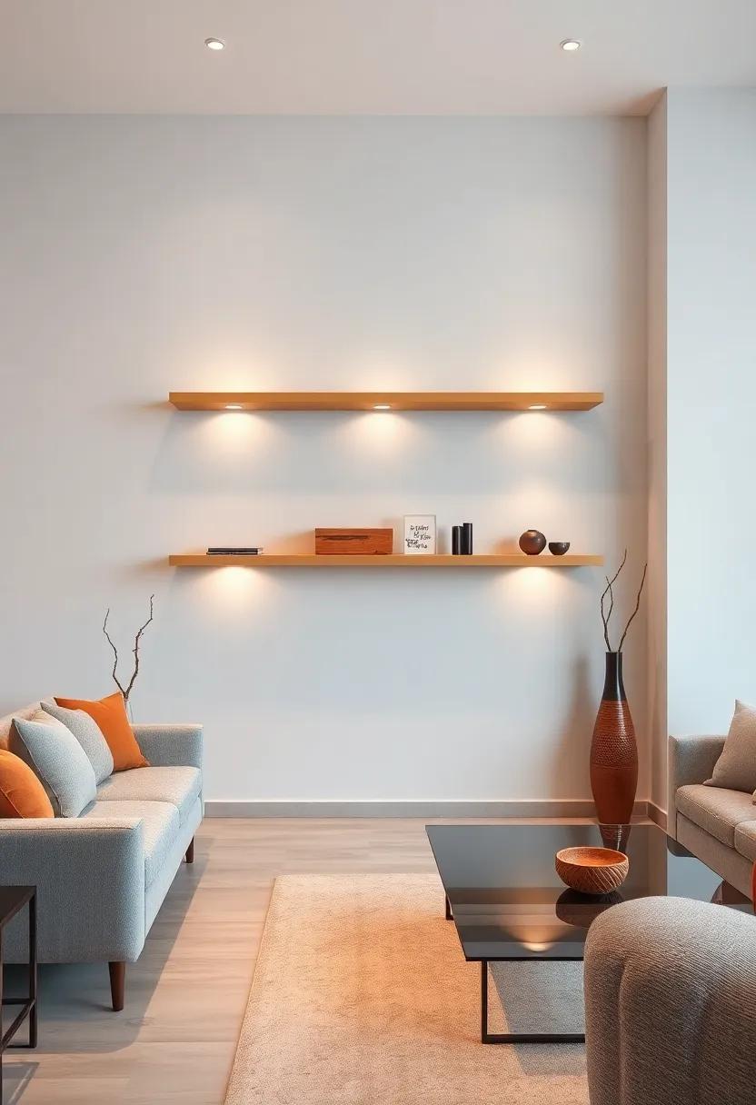 Contemporary​ Elegance: ⁤Glossy floating​ shelves alongside⁣ a‌ glass-topped coffee⁣ table create refined simplicity,​ ideal for those ​looking to achieve a contemporary​ aesthetic