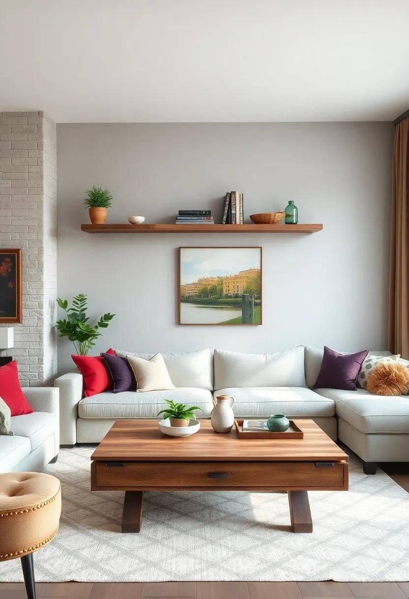 Rustic Charm: Weathered ⁢wood floating shelves complement a distressed farmhouse coffee ⁤table, giving your ⁣space a warm, inviting‌ feel perfect for cozy gatherings