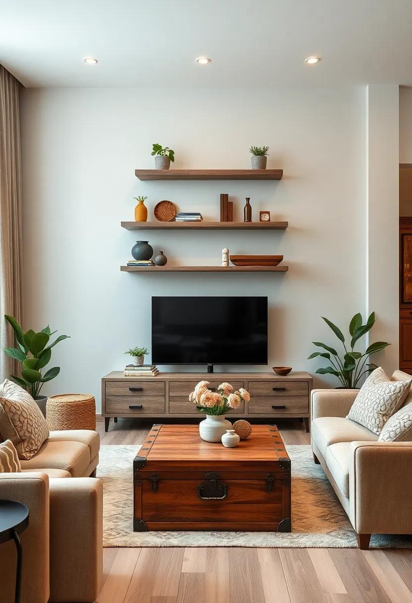 Vintage inspired: Antique-style floating shelves paired⁣ with a classic wooden trunk bring‌ nostalgic charm to⁤ your living room,⁤ perfect for those⁤ who love a retro⁢ flair