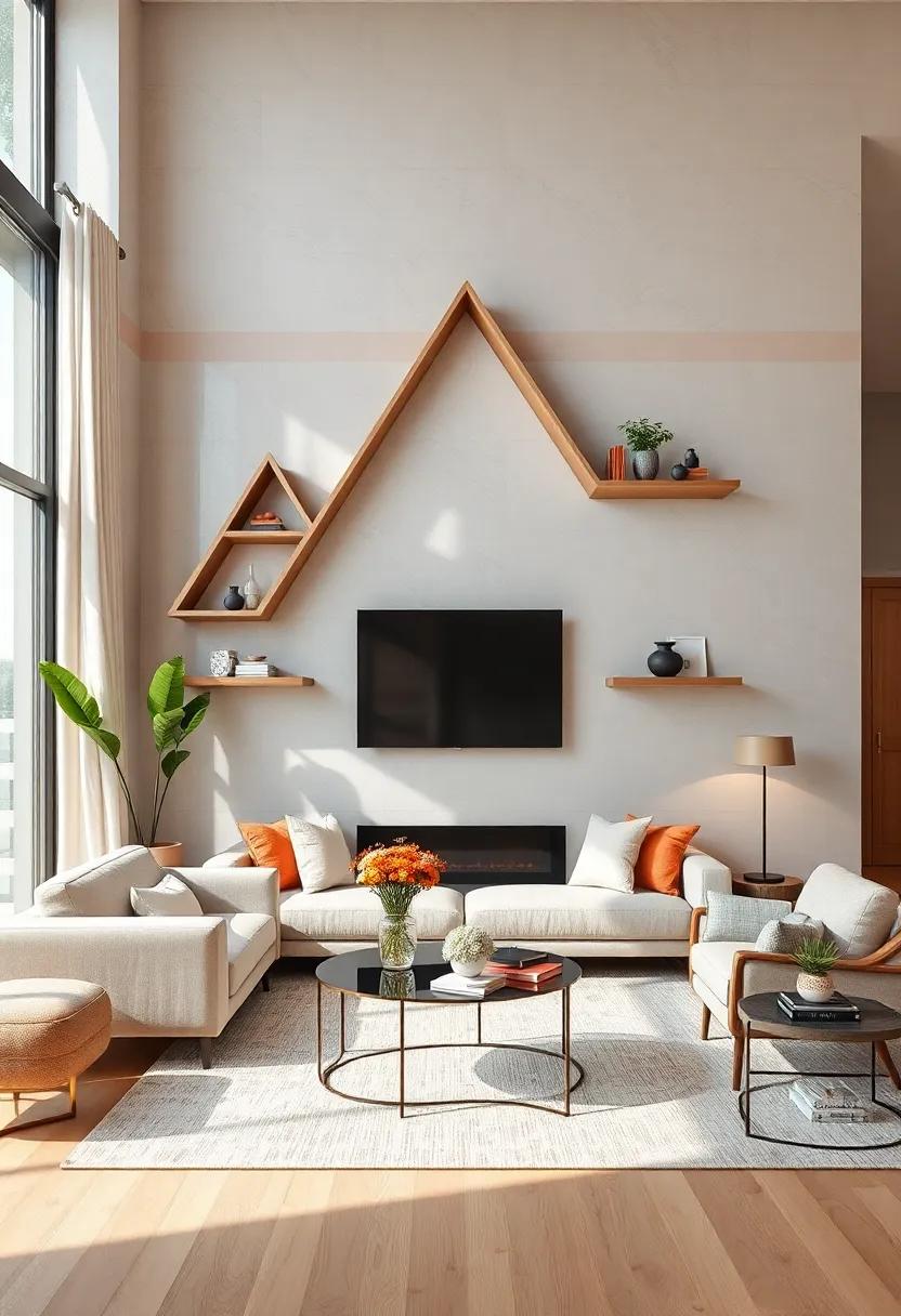 Geometric ​Delight: Triangular floating shelves work seamlessly with‍ angular furniture pieces ⁤to ⁢create​ a modern, visually⁤ intriguing aesthetic in your living space