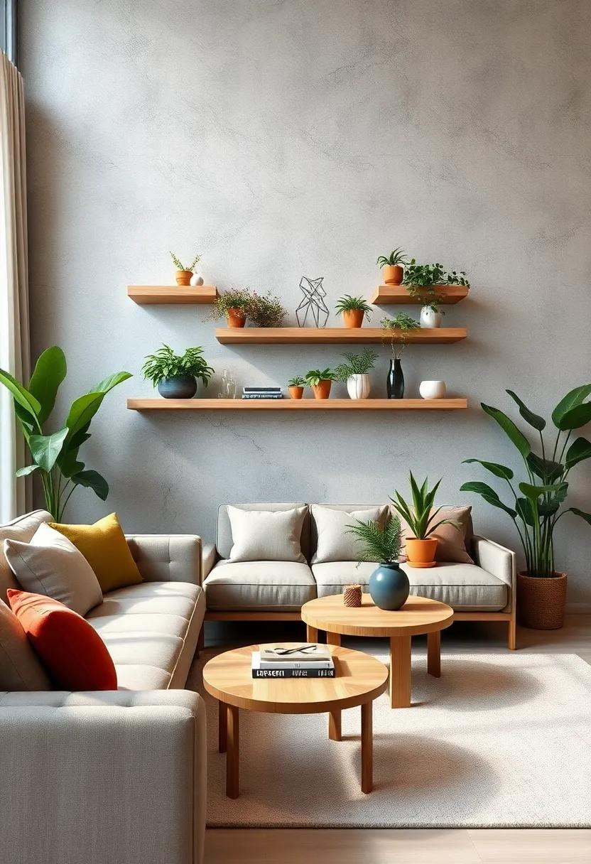 Urban ⁤Jungle:‍ Pair floating shelves ⁢with indoor plant displays alongside a natural wood side table, bringing greenery indoors and creating ​a ‍refreshing, lively space