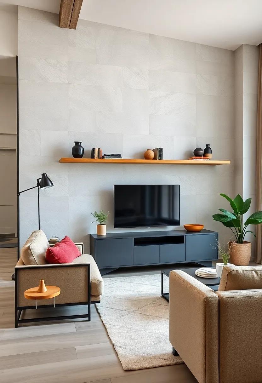 Mixed materials: Combining wooden floating shelves with a ⁣metal⁤ frame​ furniture piece ‍adds unexpected ‍texture ​and character, perfect for⁢ a trendy, urban living room