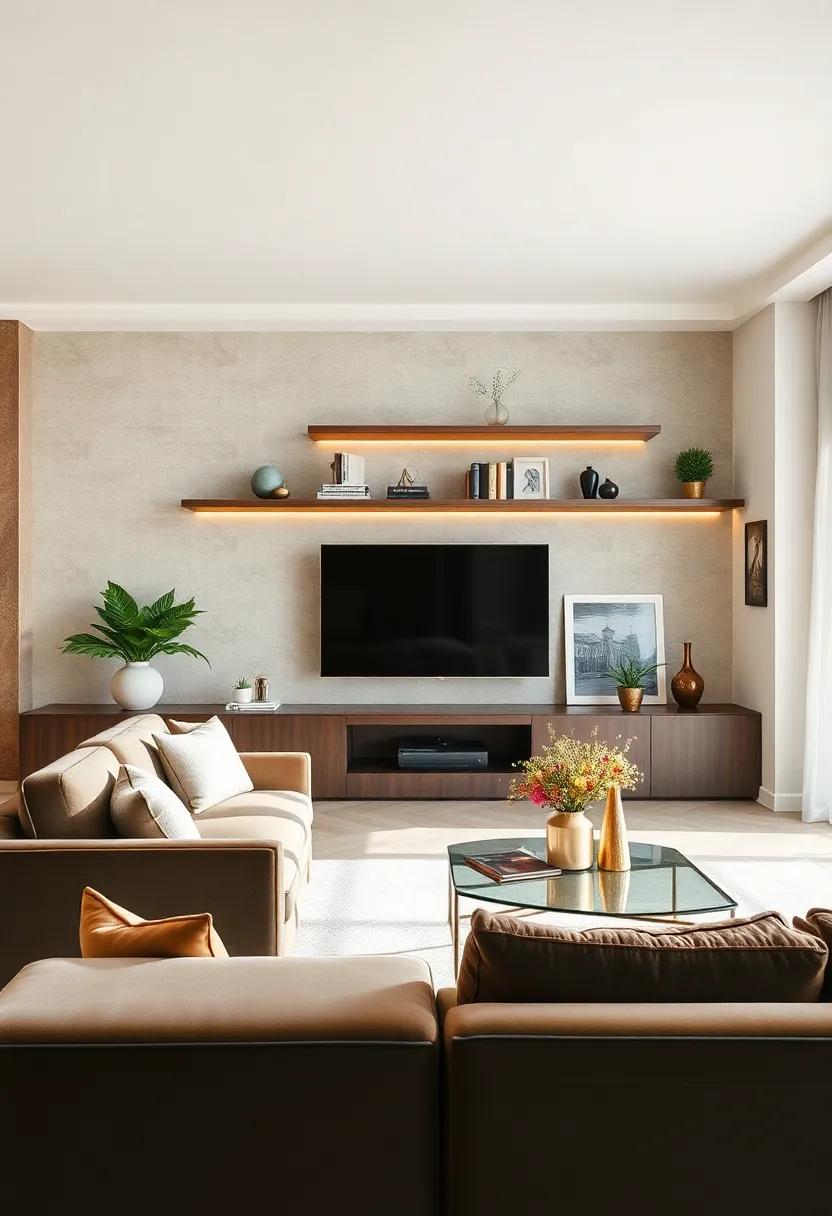 Luxe⁤ Gold Accents:​ Gold-framed floating⁤ shelves paired with a⁢ velvet sofa introduce a touch of glamour, ⁤transforming your living‍ space into​ an​ opulent ‌retreat