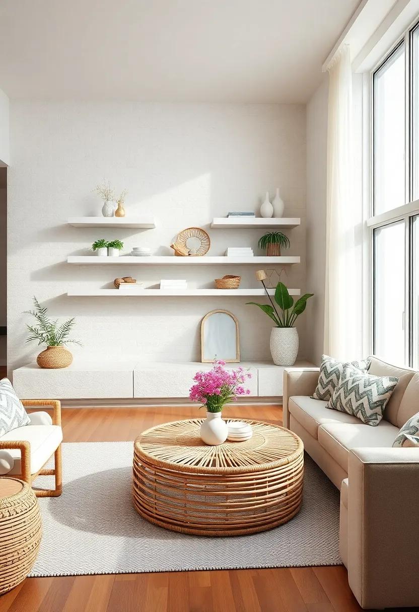 Coastal Vibes: Whitewashed floating⁢ shelves paired with a rattan coffee table evoke a‍ serene beachside atmosphere, perfect for a ⁤loungey, laid-back ⁤living room