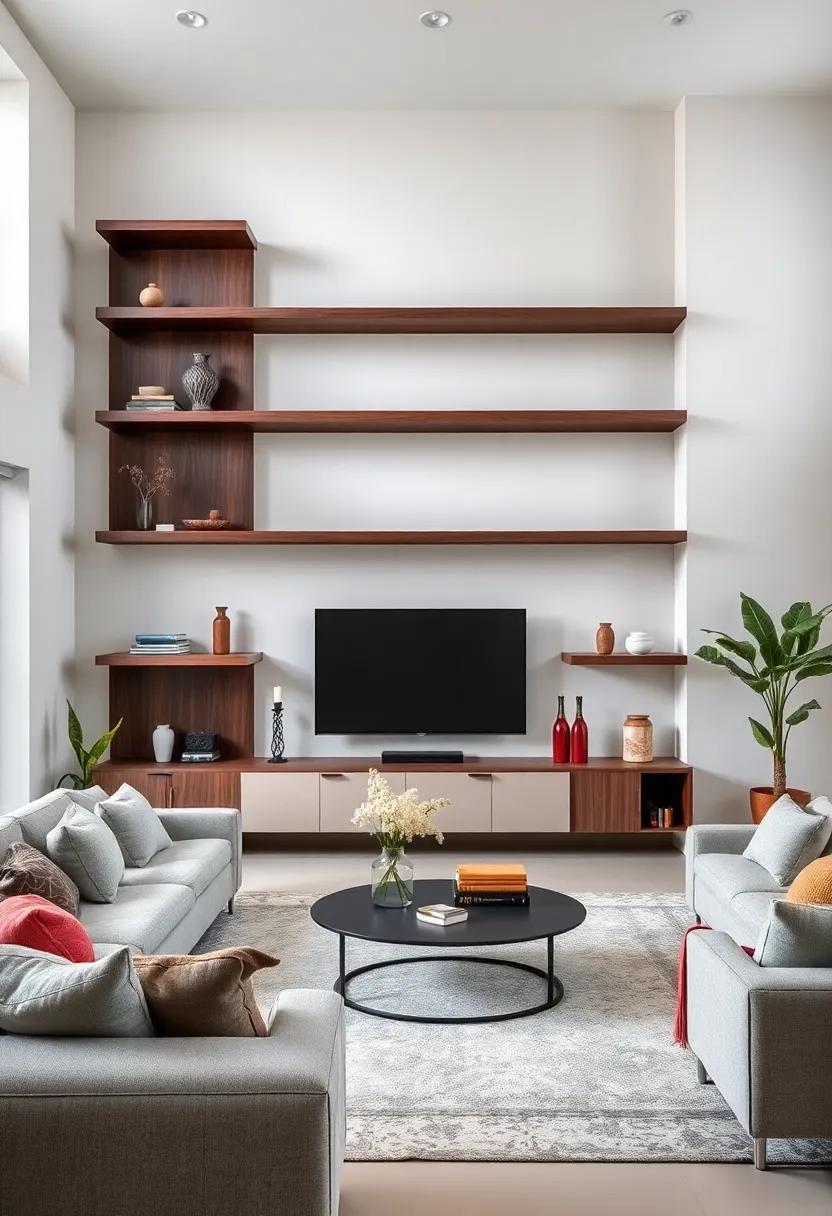 Elegant Contrast: Dark‌ walnut shelves contrasting with⁤ a⁤ light-colored entertainment unit create depth and sophistication, making your living room both stylish and inviting