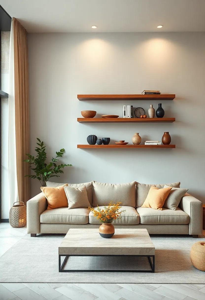 Earthy Tones: Brown wooden⁢ floating shelves ‍complement a beige fabric sofa, together creating a rich, warm‌ environment‌ suitable for relaxation and gatherings