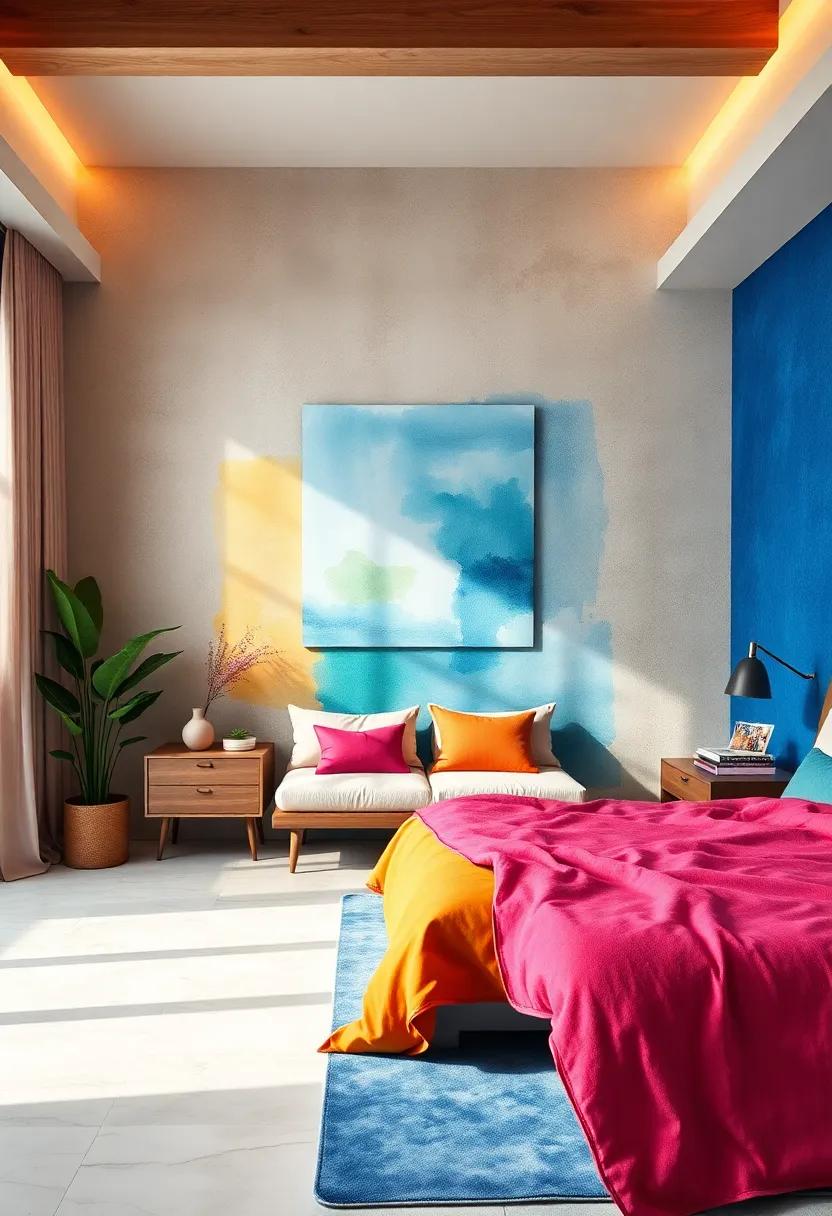 Bright Color Blocks: Explore the effect of using bold color blocks in your watercolor art to​ create a vibrant and energetic atmosphere in your bedroom