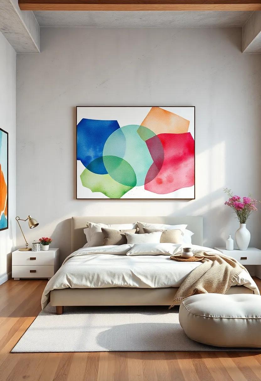 Geometric⁢ Wonder: Experiment with geometric shapes and color gradients using​ watercolor techniques to create a modern focal point in your ‍bedroom