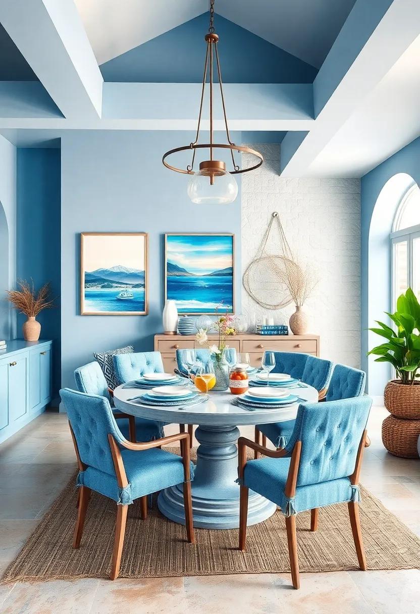 Beachy Retreat: ‌Create a​ relaxed dining area with ⁤light blue hues, natural‌ fibers, and coastal artwork​ that evokes⁤ a serene seaside environment