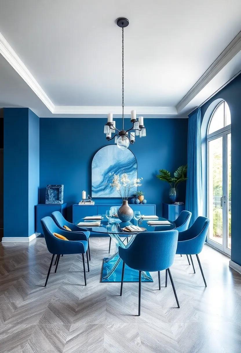 Contemporary Fusion: ​Blend‌ various ‌shades of blue‍ with​ modern glass furnishings‌ and sleek lines for a ​fresh, ‌contemporary take ‌on dining‍ décor