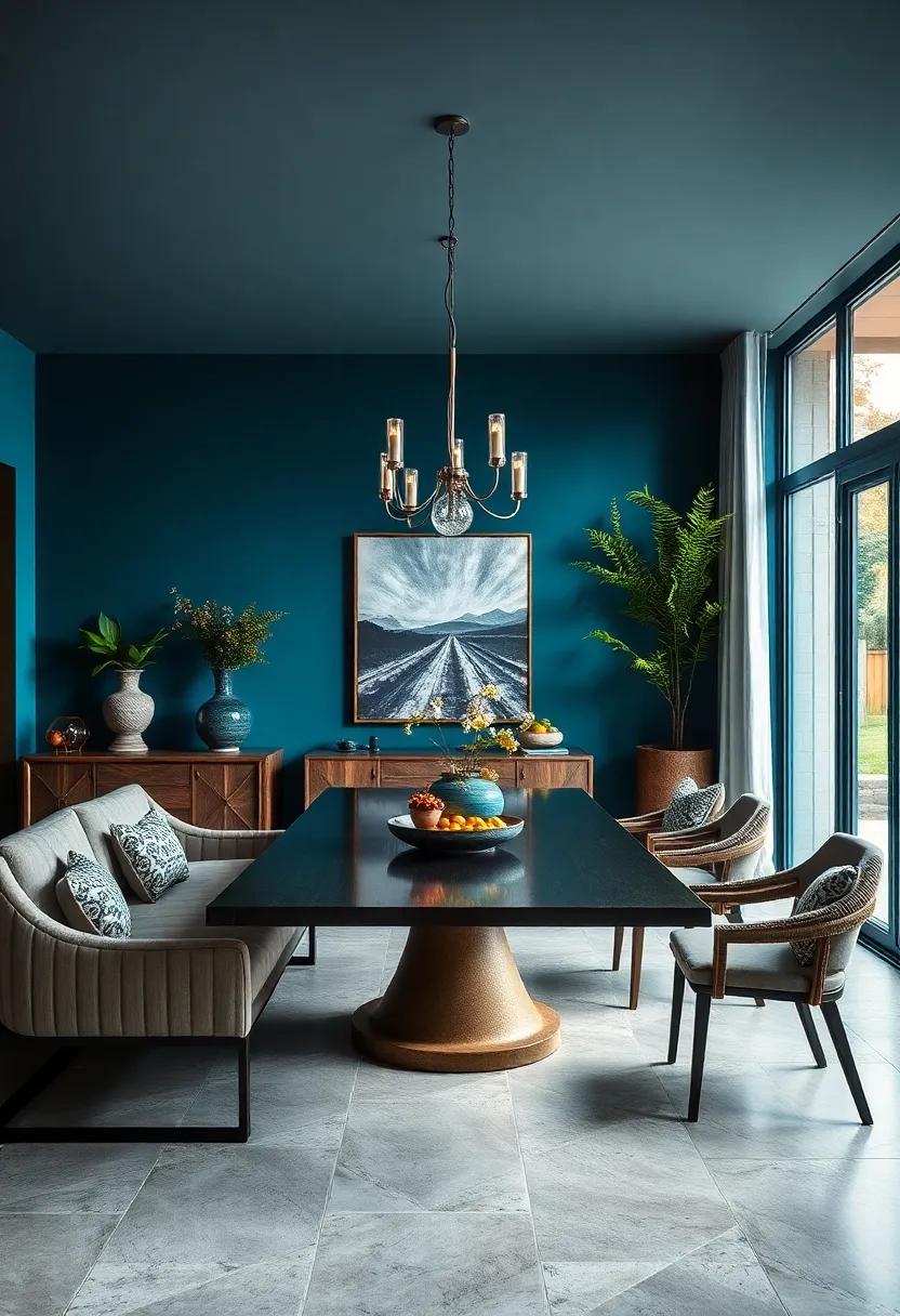 Dramatic Dine: Make a statement ⁣with ‌a dark⁤ teal background, paired with⁤ sophisticated ​lighting⁣ fixtures, to⁣ create​ a dramatic​ and⁢ elegant dining space