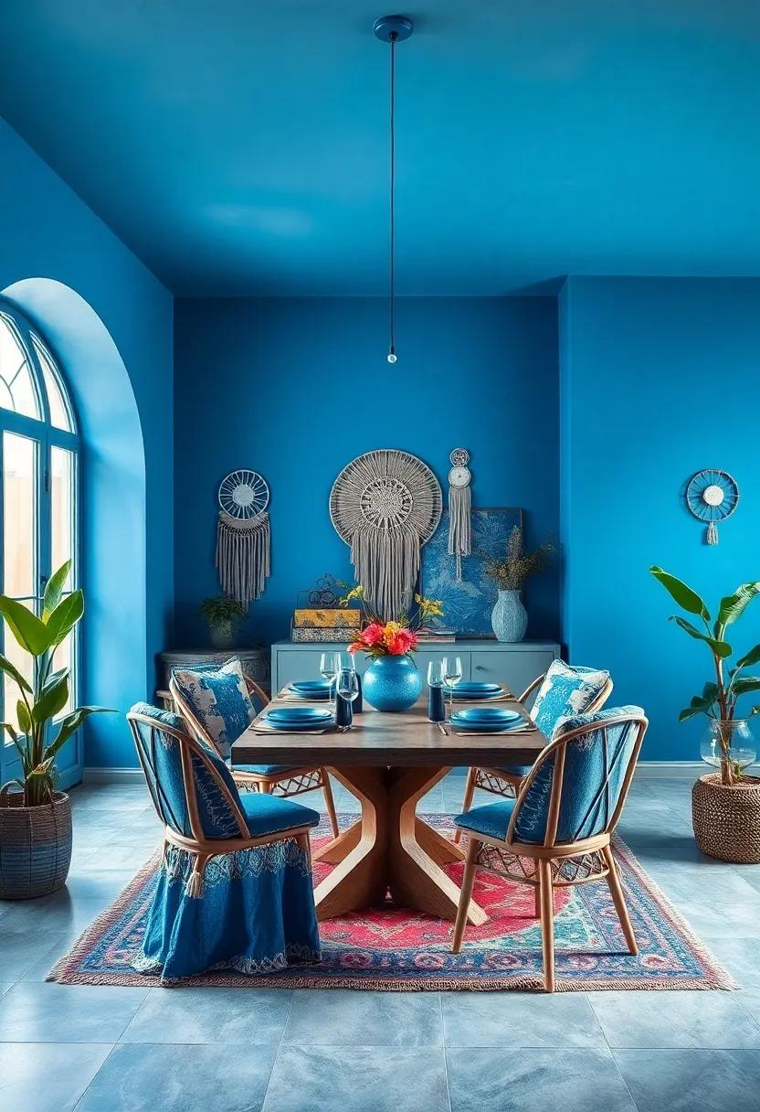 Modern bohemian: Use eclectic blue ⁢textiles, dreamcatchers, and macramé‌ to create⁤ a bohemian dining area that feels ‌both cozy and ‍artistic