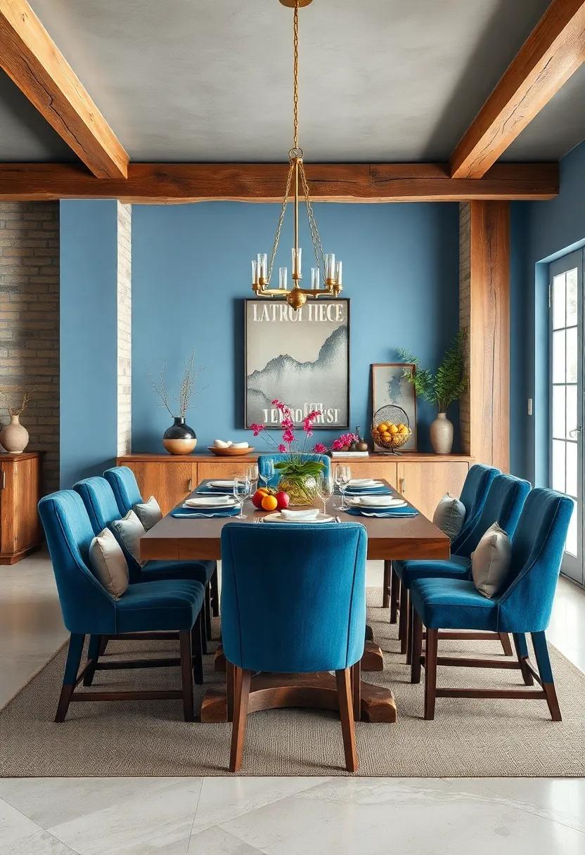 Rustic retreat: Combine rustic blue paint with⁣ reclaimed ⁤wood ⁤elements for a comfortable, countryside dining experience ⁤full of‌ character⁢ and​ charm