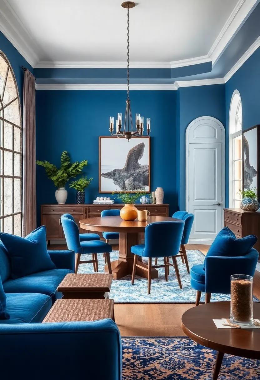 Textured Layers: Combine blue fabrics—like ⁣velvet cushions ‍or a patterned rug—with wooden elements to add depth and warmth to your dining‌ space