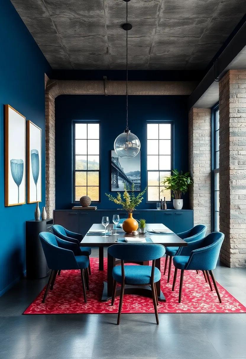 Urban ⁤Loft: Design a loft-like‌ dining⁤ space with ‍dark blue walls, industrial elements, and ‍an open layout that embodies ‌modern ‍urban living