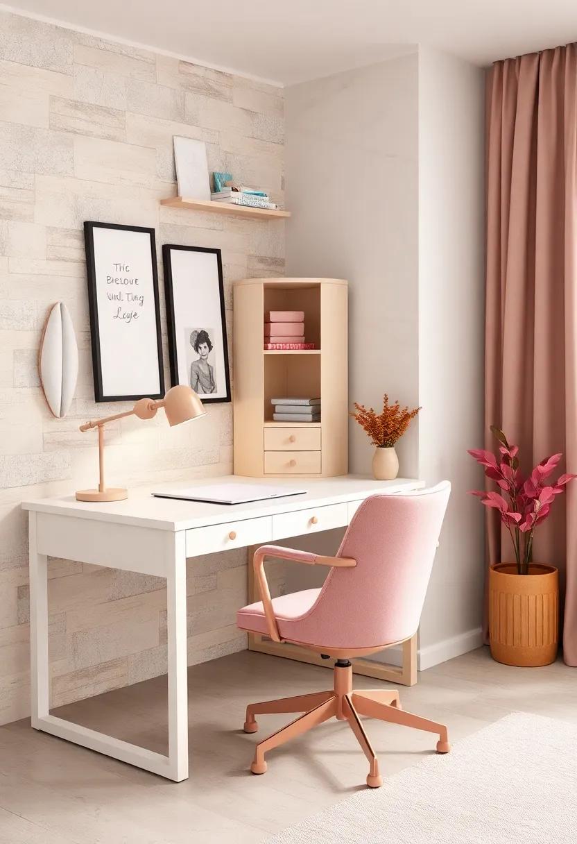 Functional⁤ Desk: A ⁣sleek ​ivory desk paired with a blush chair⁣ encourages creativity ⁢and study in‍ an inspiring work area