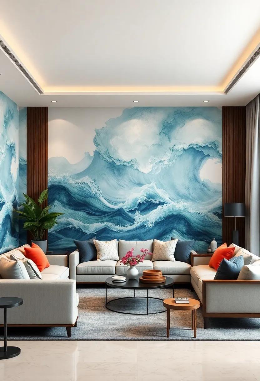 Ethereal Waves: A soft blend of blues and greens creates a ⁤serene backdrop that evokes the tranquility of⁢ ocean tides, perfect for fostering a ⁤calm living room atmosphere