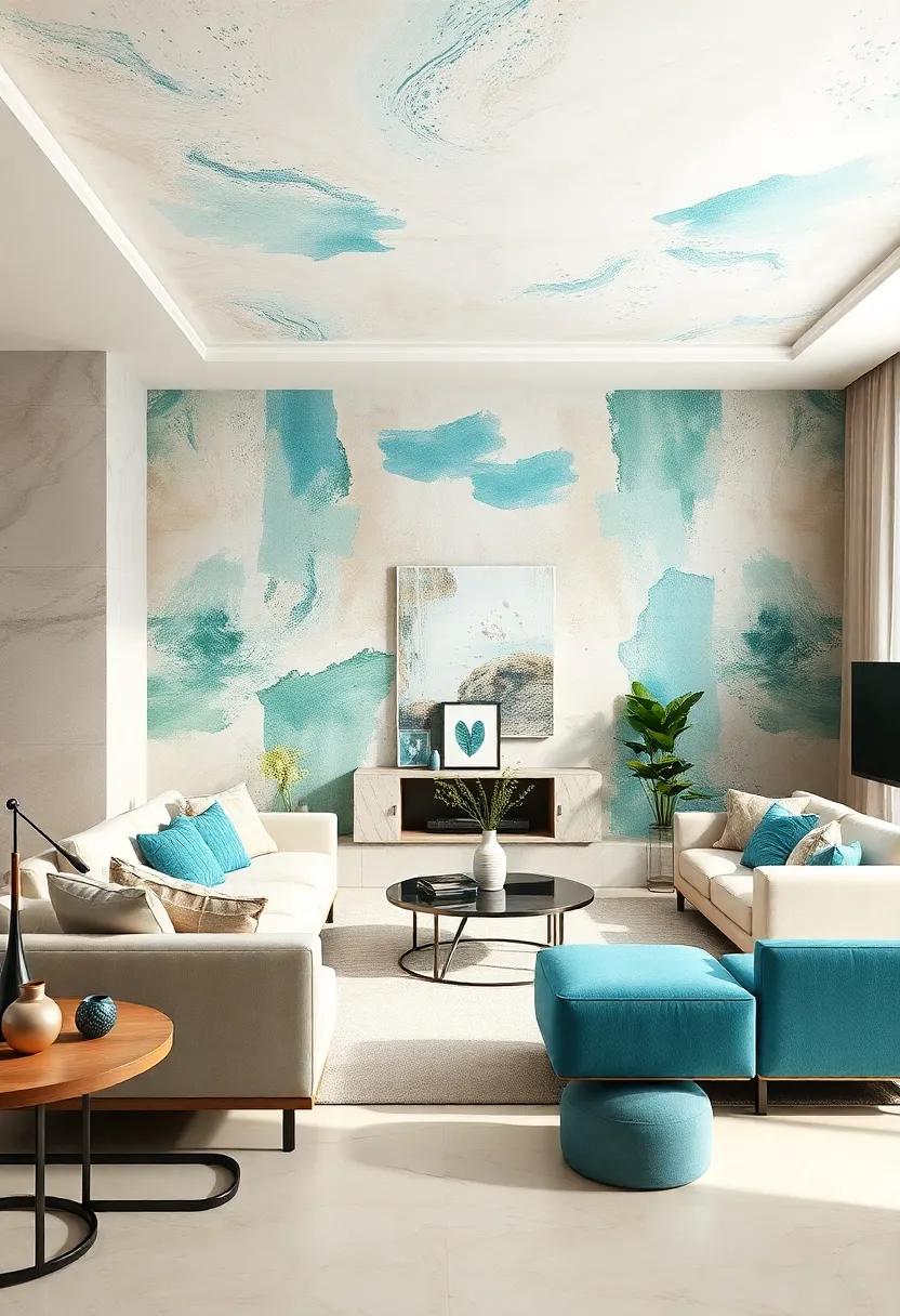 Oceanic Abstraction: ⁤Shades‌ of turquoise intermingled⁢ with sandy‍ beiges capture the essence of ‍coastal beauty, making your ⁣living room a refreshing sanctuary reminiscent of beachside ‍bliss