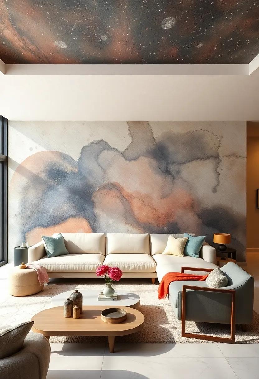 Celestial Dreams: A mesmerizing galaxy-inspired wallpaper features delicate stars and‌ cosmic patterns that transport your living room‍ to⁤ a‌ place of wonder and endless possibilities