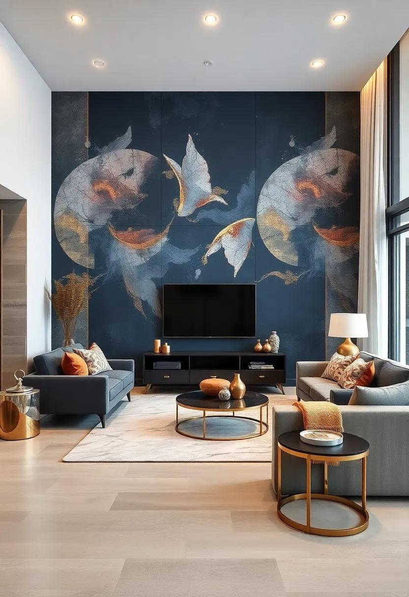 Midnight Dreams: Deep navy and shimmering gold‍ accents form ⁣a luxurious ‍design that transforms the living ​room into a chic​ retreat, perfect for evenings of relaxation or entertaining
