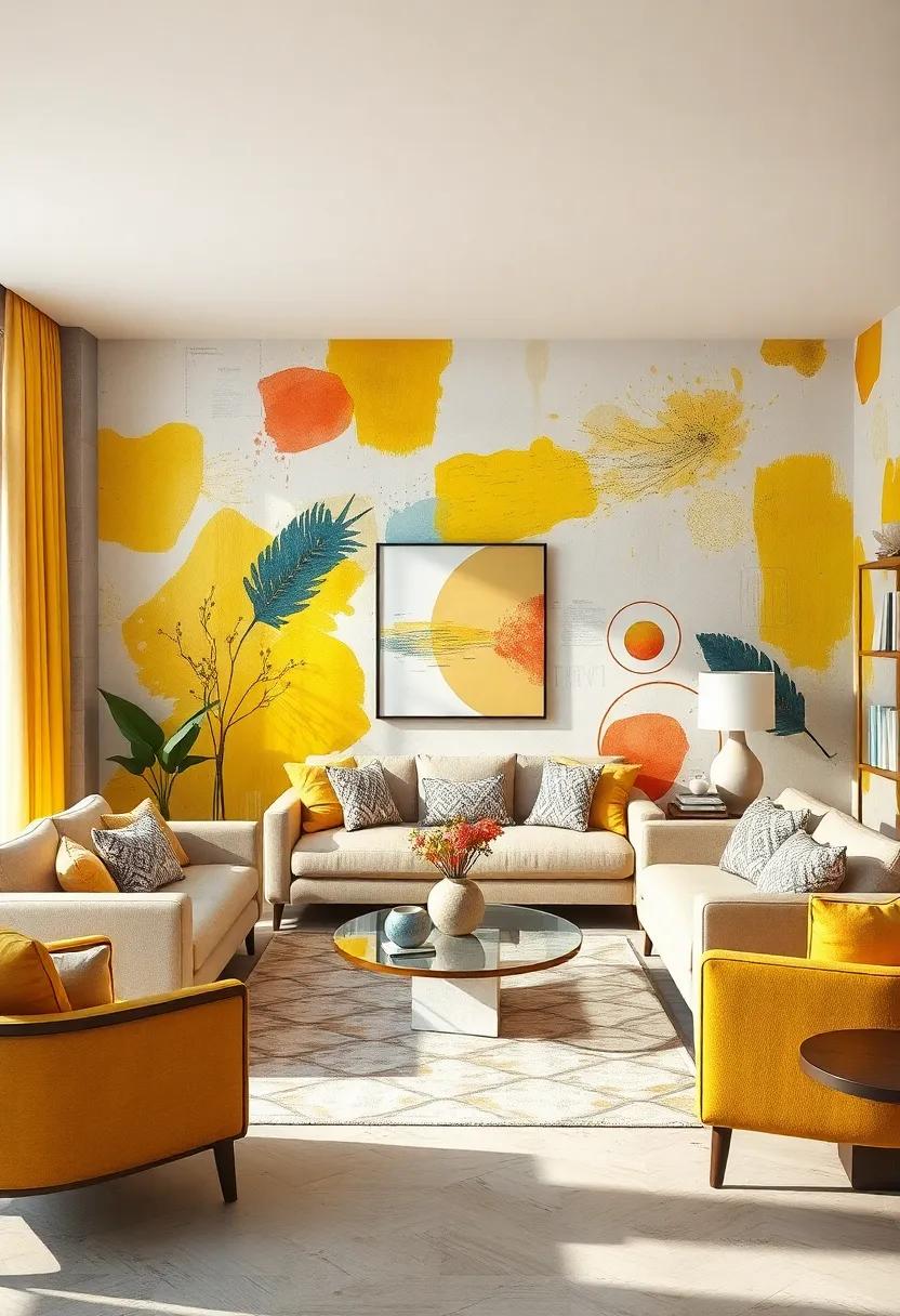 Sunny Brushstrokes: Vibrant yellows and ​playful splashes ⁢of color celebrate joy and optimism,​ ideal for brightening up any living room and uplifting ‍the spirit of its inhabitants