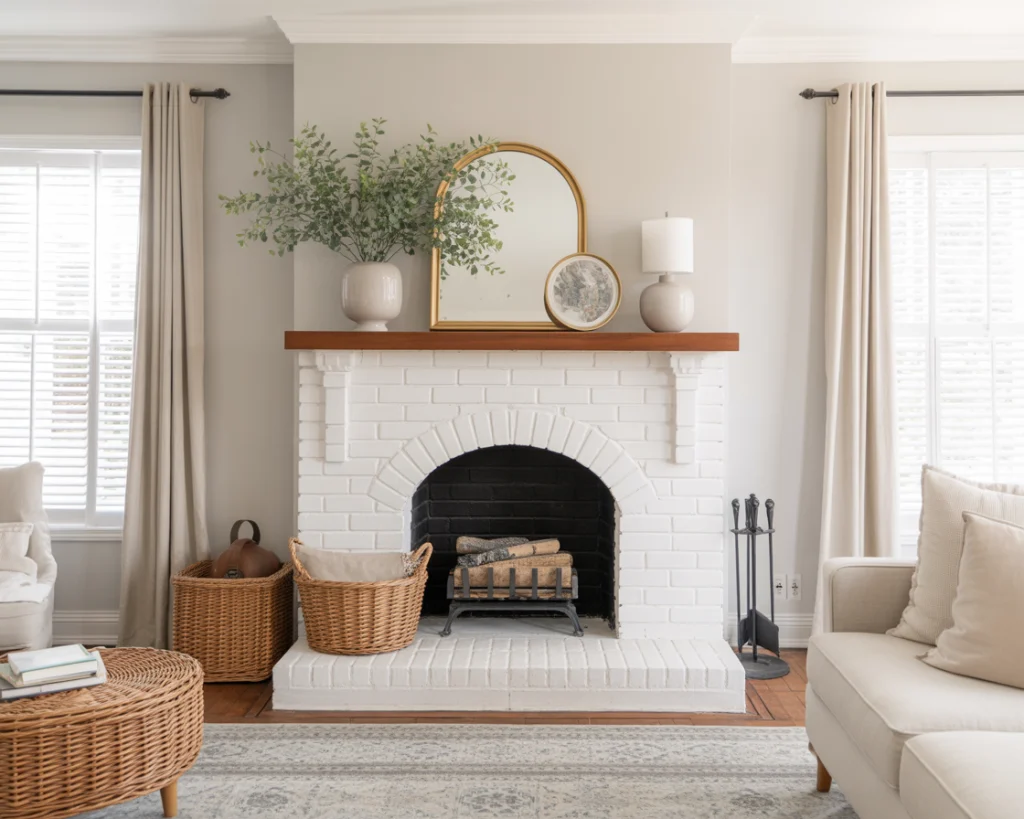After white painted brick fireplace with wooden mantel