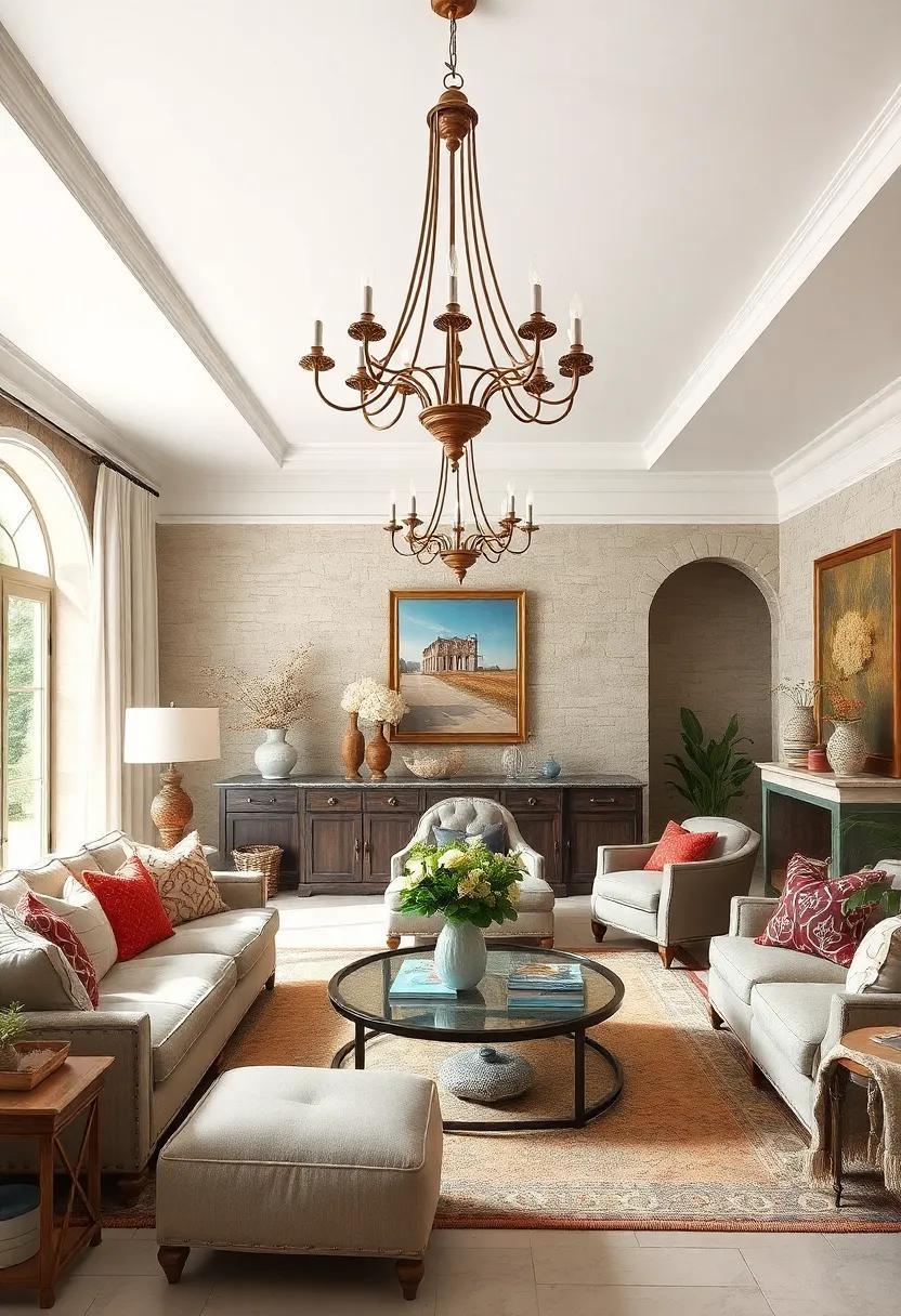25 Charming Elements of French Country Living Rooms Featuring Vintage Chandeliers