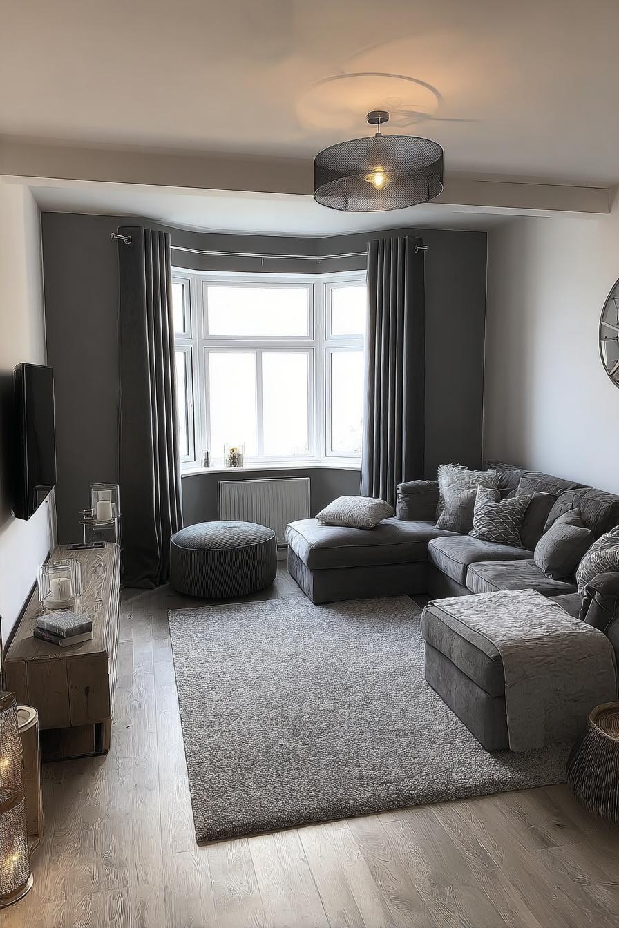 Layer Textures with a Soft Grey Area Rug on the Floor