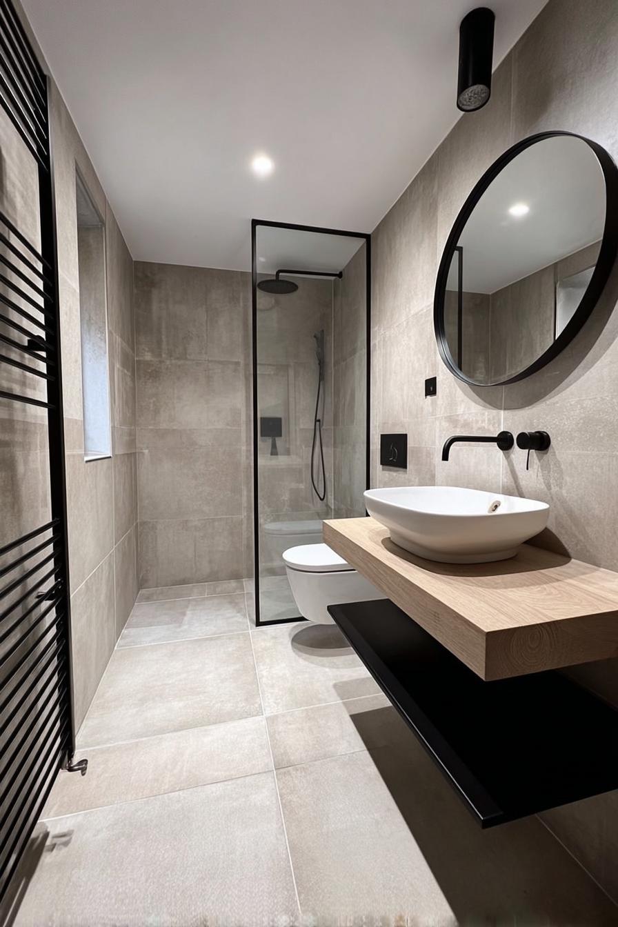 Contrast the Grey Walls with Sleek Black and Fixtures
