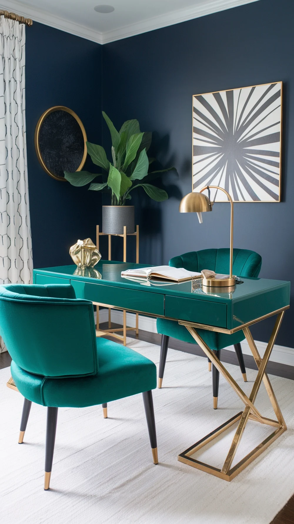 A stylish home office with a teal desk, green velvet chairs, and navy walls, featuring elegant decor and artwork.