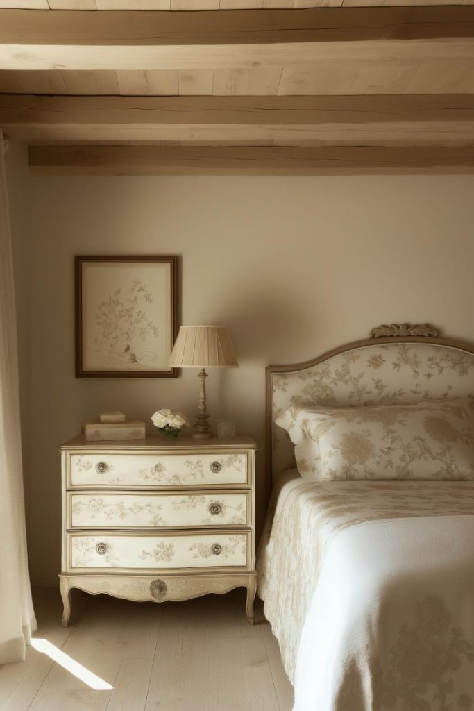 A faded dresser anchors the room and adds to the cozy atmosphere with its storied history.