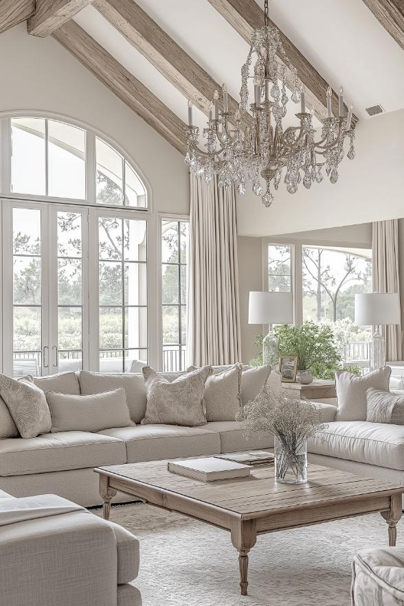 An elegant chandelier with shiny crystals embodies the charm of French country house decoration.