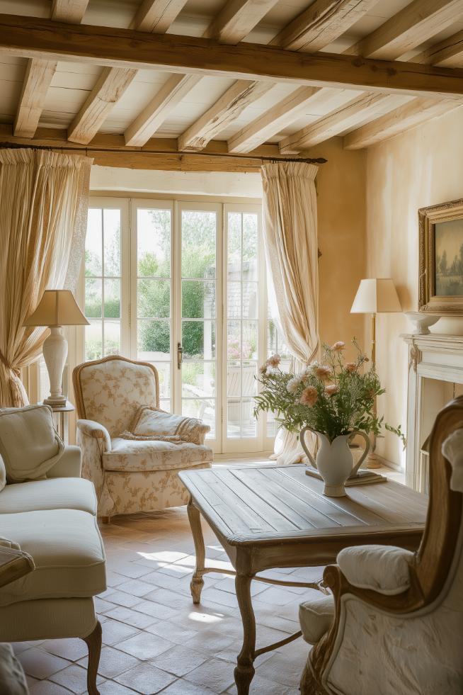Rustic wooden beams add warmth and character and are the epitome of French country style.