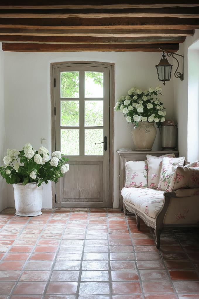 Delicate terracotta tiles with a floral pattern welcome guests and give the entryway an earthy charm.
