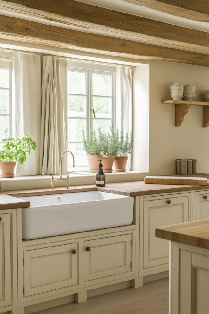 Spacious white farmhouse sinks combine functionality with picturesque aesthetics in the kitchen.