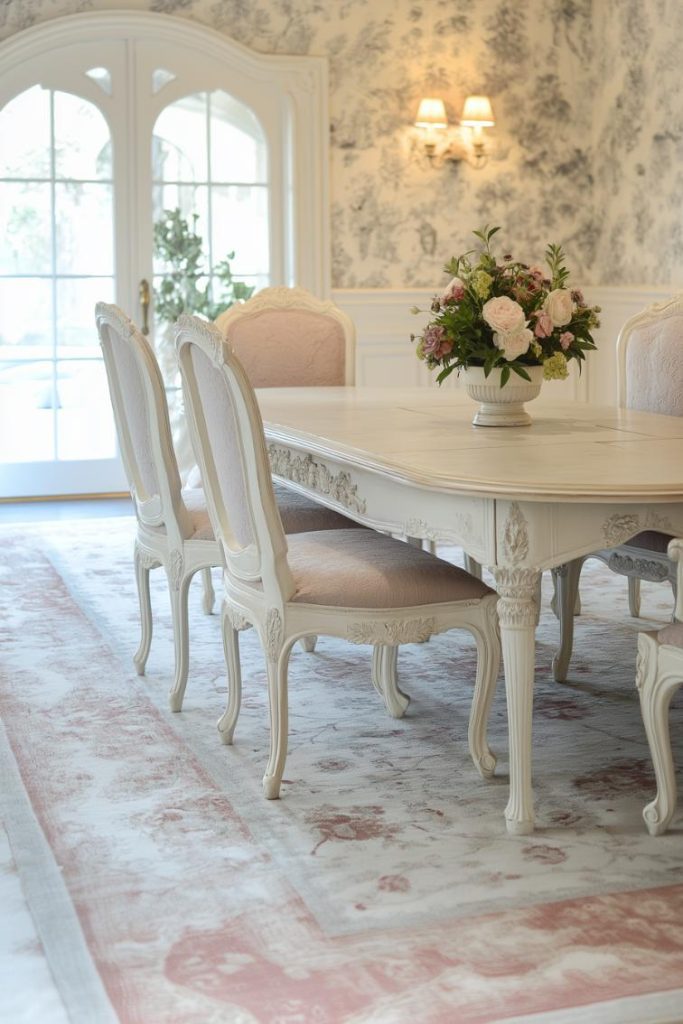 An elegant floral wallpaper transforms the dining area into a garden-inspired retreat.