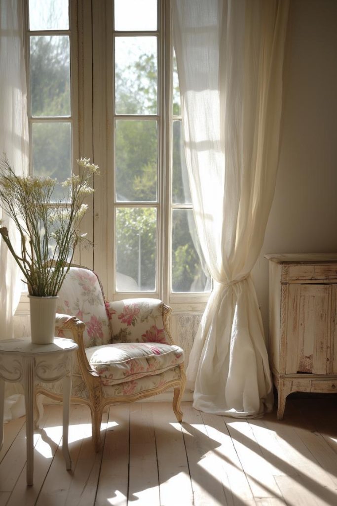 Airy linen curtains frame the windows with casual elegance and allow natural light into the room.