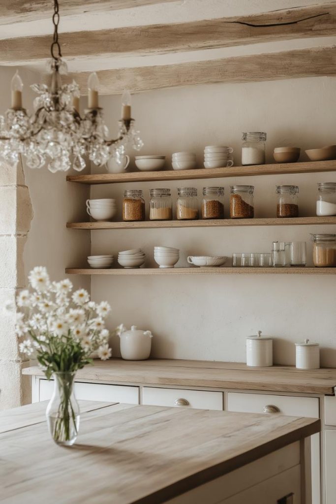 Open wooden shelves provide space for essentials and add functional, rustic charm to the kitchen.