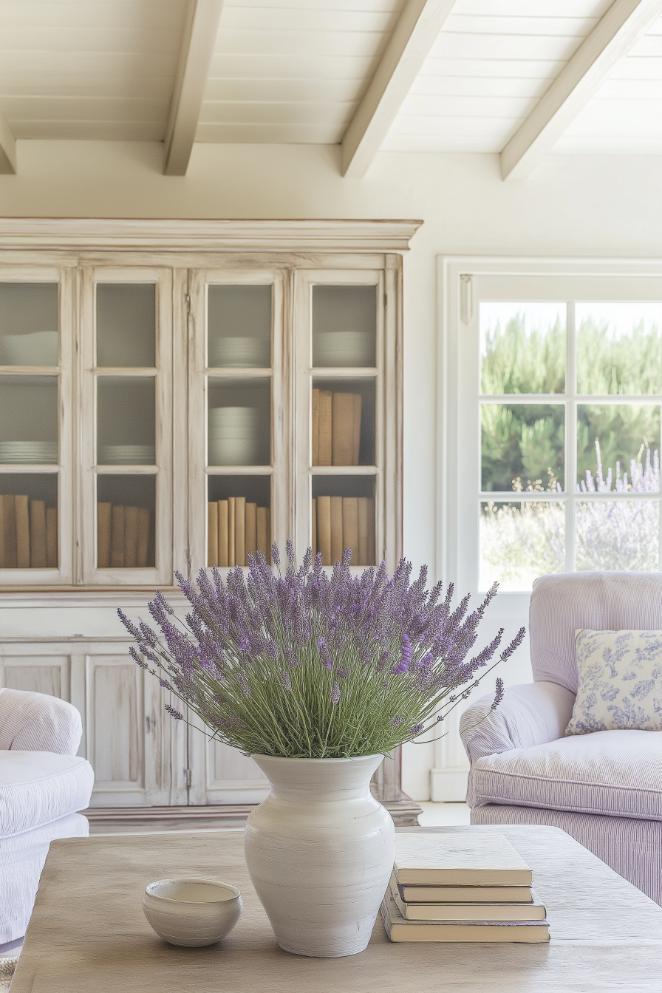 Vases filled with fragrant lavender give the room the essence of French country life, spreading a pleasant scent and creating a beautiful atmosphere.