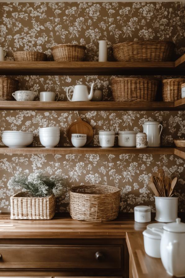 Practical wicker baskets on wooden shelves combine functionality with rustic charm.