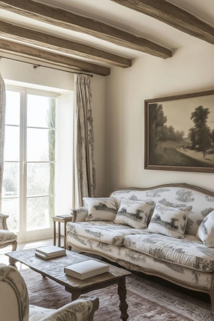 Elegant cushions made from Toile de Jouy fabrics add a pastoral touch to the interior.