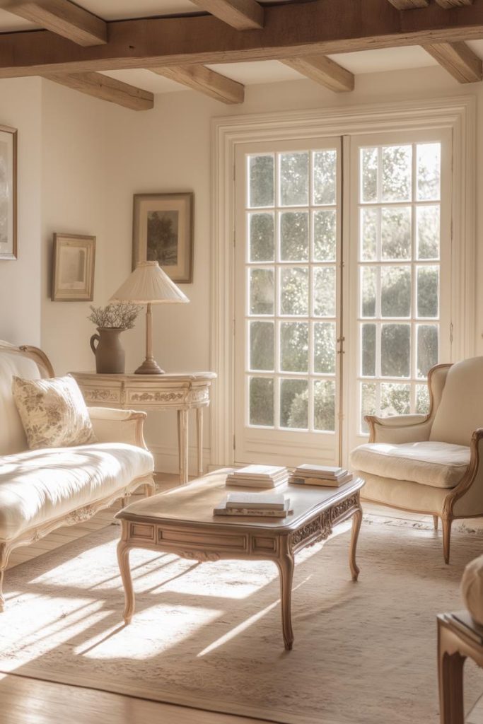 Clear glass French doors provide openness and connectivity while letting in natural light.