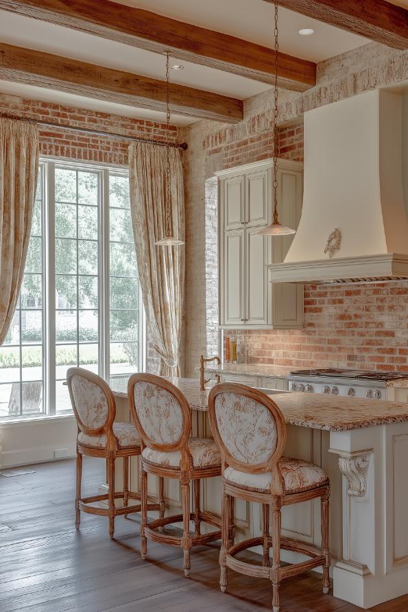 Warm exposed brick walls give the kitchen a rustic feel and complement natural materials.