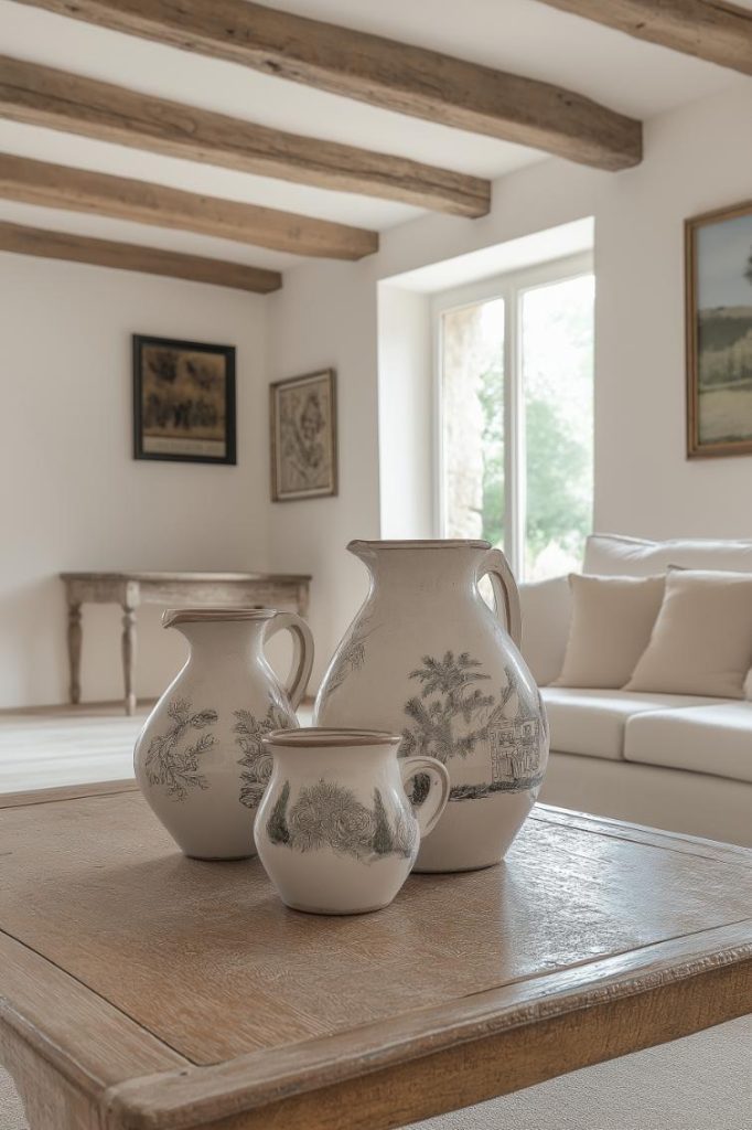 Graceful ceramic jugs add rustic elegance and visual interest to the decor.