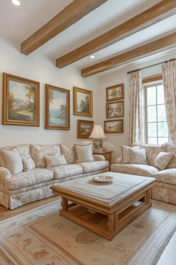 Opulent gilded frames add a sophisticated touch to artworks, balancing rustic and elegant styles.