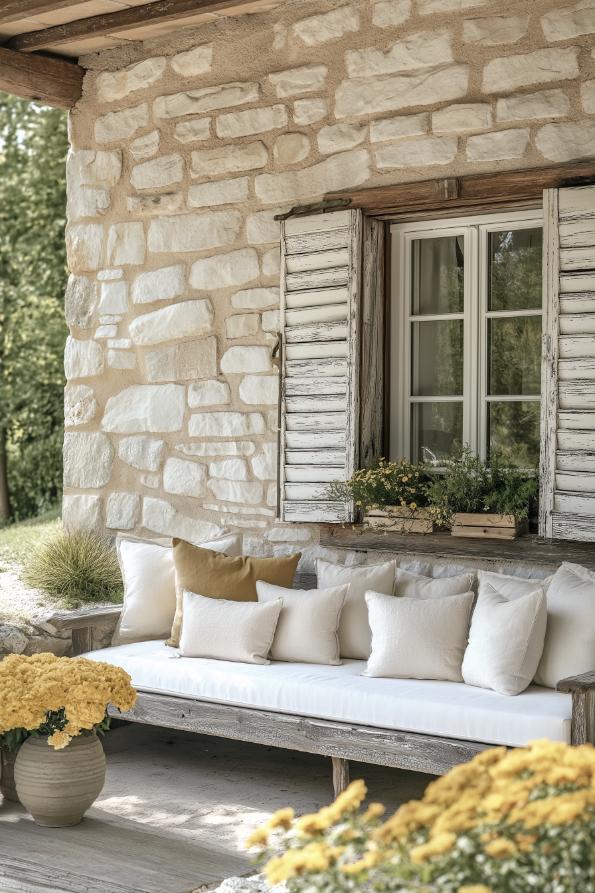 Weathered shutters add rustic charm and functionality to the house's facade.