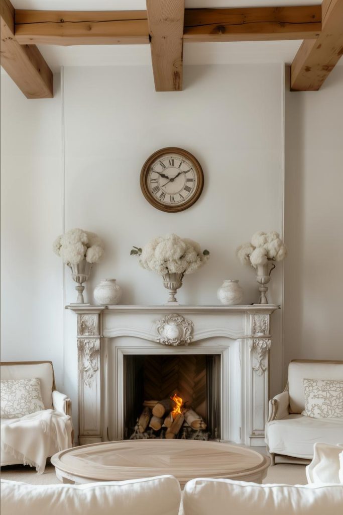 A timeless vintage clock enhances the interior with historical charm and functionality.