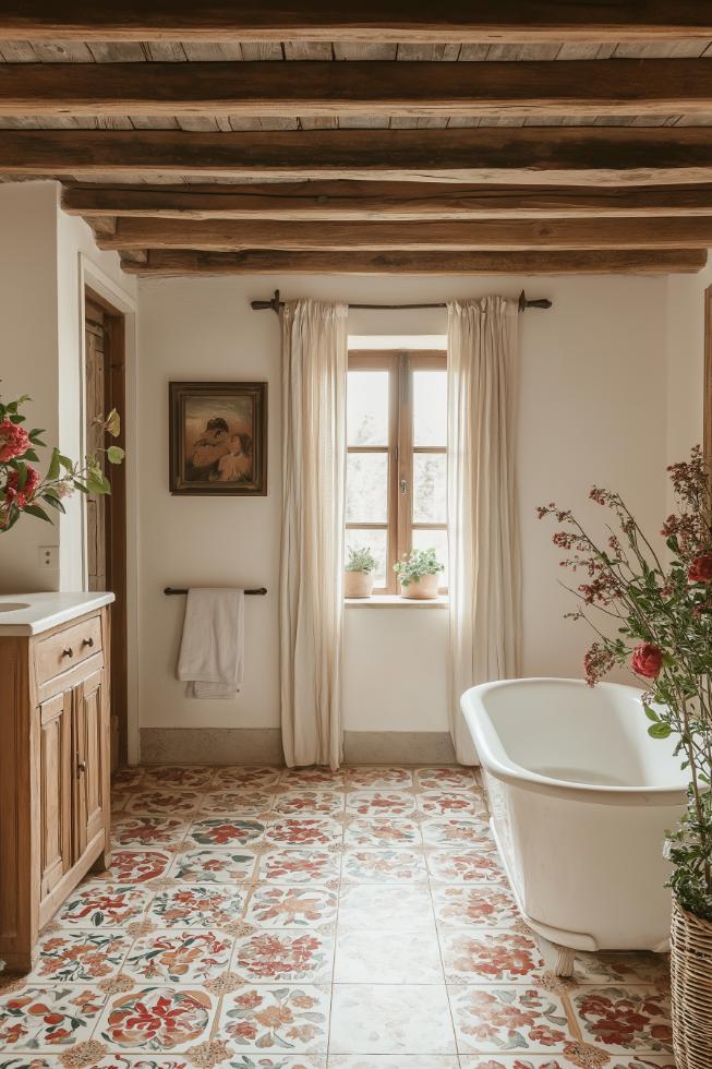 Colorful ceramic tiles add a playful touch and contrast with rustic wooden accents.